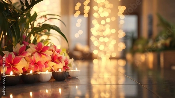 Fototapeta Elegant lobby of a real estate firm decorated for Diwali with flowers, lights, and diyas