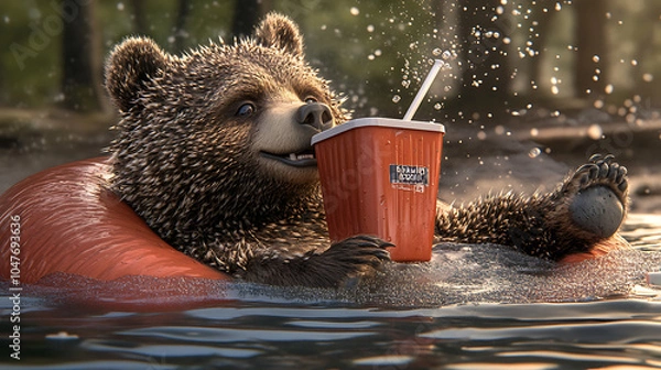 Fototapeta Baby bear floating on an inflatable in a surreal pool, sipping a juice box, exaggerated 3D cartoon style, cheeky grin, distorted poolside scene 