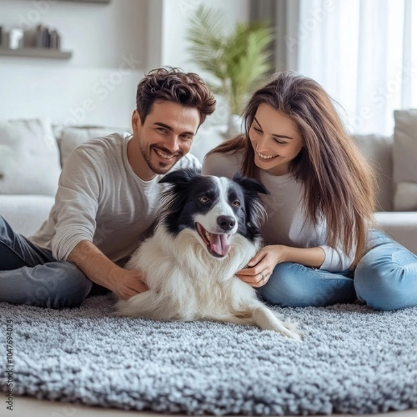 Obraz A family of three happily plays with a blue merle Border Collie on the sofa in a minimalist interior