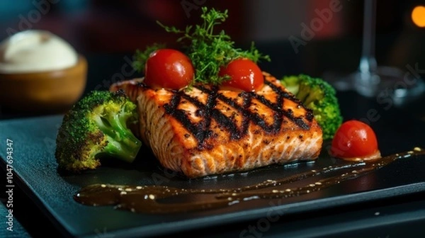 Fototapeta British-style grilled salmon with broccoli and tomatoes on a black plate