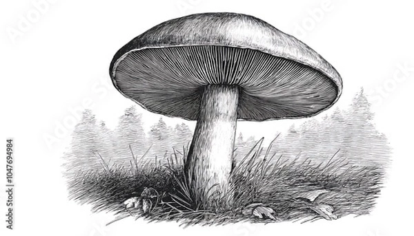 Fototapeta Hand drawn engraving of a single tall-stemmed mushroom with a textured cap growing in a grassy landscape. Generative AI