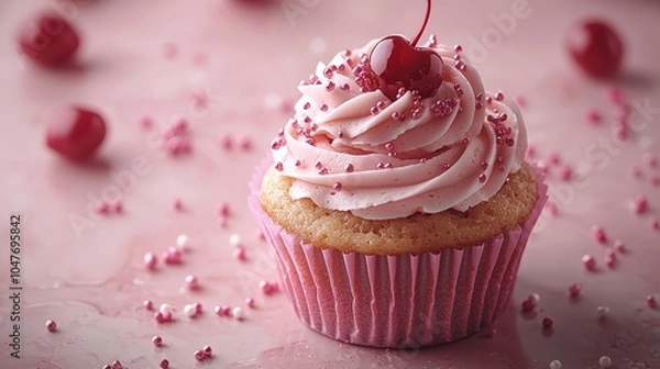 Fototapeta A delicious cupcake topped with pink frosting, sprinkles, and a cherry, set on a pink background.