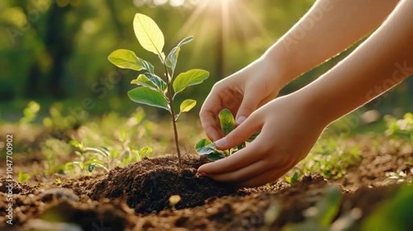 Fototapeta Close up of hands planting tree sapling in rich soil, symbolizing growth and renewal in nature. sunlight adds warm, hopeful atmosphere