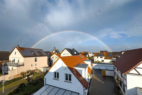 Obraz Charming and picturesque neighborhood, beautifully enhanced by a rainbow appearing after a rain