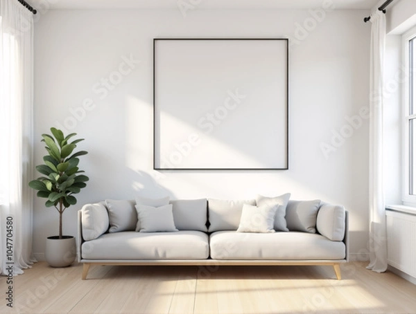 Fototapeta Large Empty Canvas Mockup in Minimalist White Frame on Bright Wall for Art Prints and Digital Artwork Insertion
