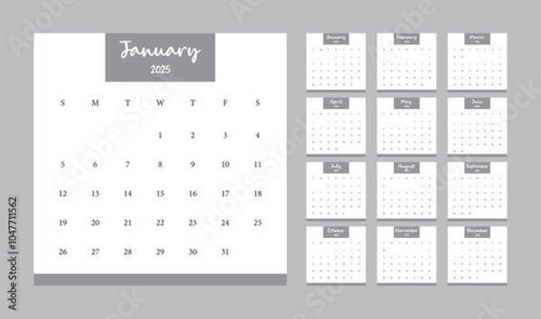 Fototapeta Calendar 2025, Calendar Set for 2025 year, Minimalist clean square layout, Calendar 2025 week start Sunday