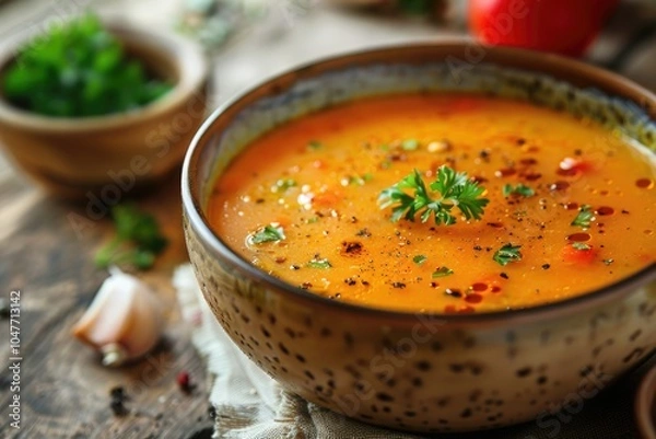 Fototapeta A bowl of hot soup sits on a wooden table, ready to be enjoyed