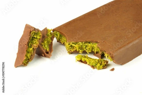 Obraz Dubai chocolate bar with green pistachio nuts kadaif dessert.