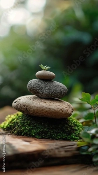 Fototapeta 静かな森の中の緑豊かな苔むした木の上に置かれた静かな禅石の積み重ね