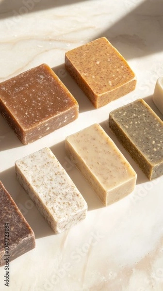 Fototapeta 日光に当たる大理石の表面に置かれた手作りの天然石鹸