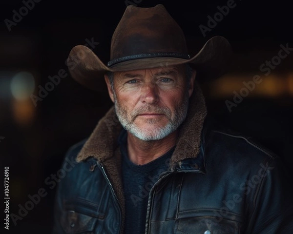 Fototapeta portrait of a cowboy rancher in a hat in a leather coat on a ranch