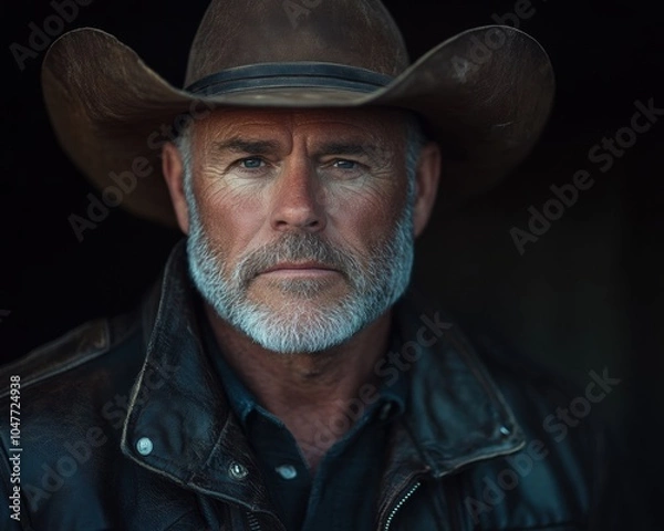 Fototapeta portrait of a bearded cowboy rancher in a cowboy hat on the ranch
