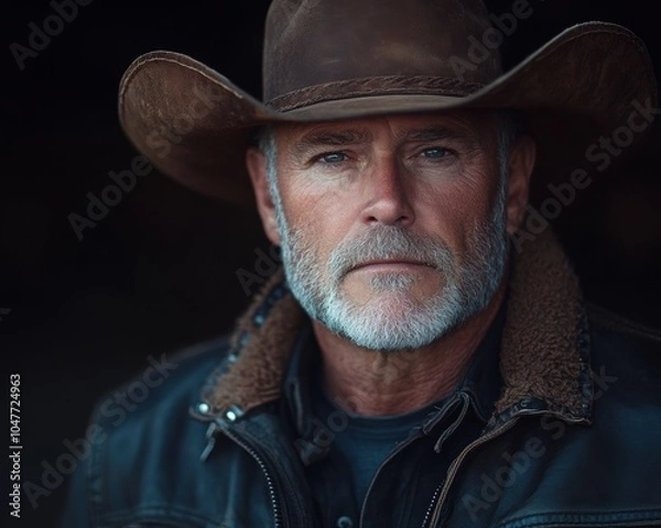 Fototapeta portrait of cowboy in his 60s with a beard in a cowboy hat