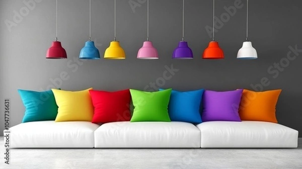 Fototapeta Modern Minimalist Living Room Interior with White Sofa, Colorful Pillows, and Stylish Lamps