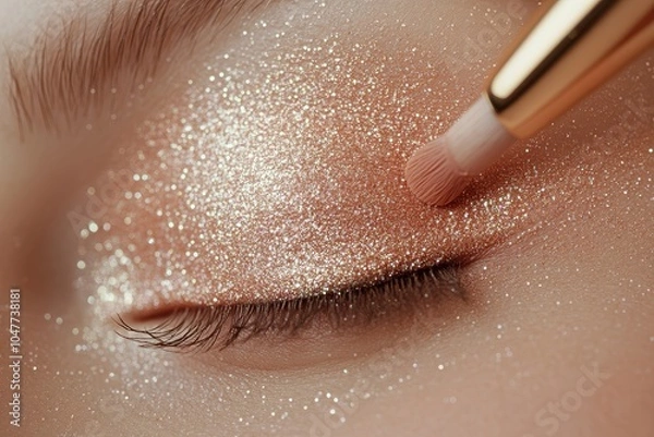 Obraz Close-up of glittery eye makeup application with soft brush on closed eyelid