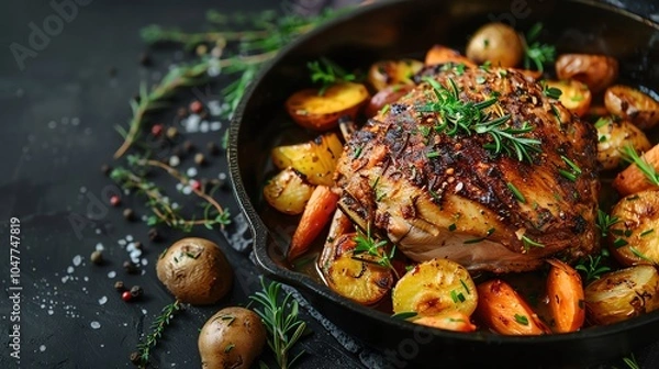 Obraz Rabbit Saddle Roasting Rabbit saddle roasting in a cast iron skillet