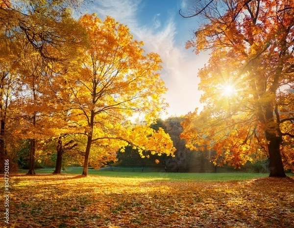 Fototapeta beautiful autumn landscape with yellow trees and sun colorful foliage in the park falling leaves natural background