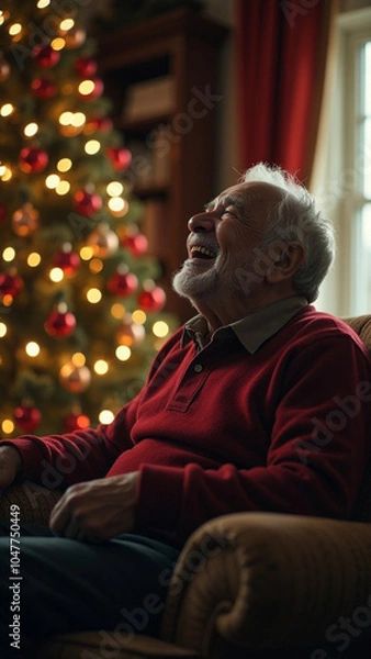 Fototapeta Excited Santa Claus man in Christmas suit sit in armchair with fir tree gifts hold classic black film making clapperboard isolated on red background. Happy New Year celebration merry holiday concept