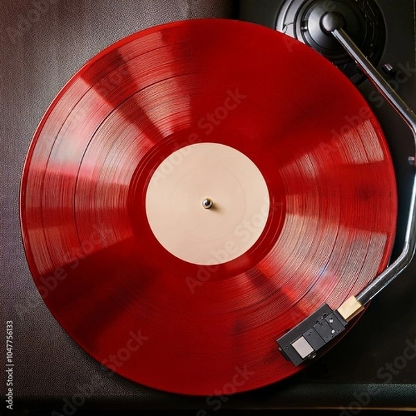 Fototapeta red vinyl record on turntable retro music player