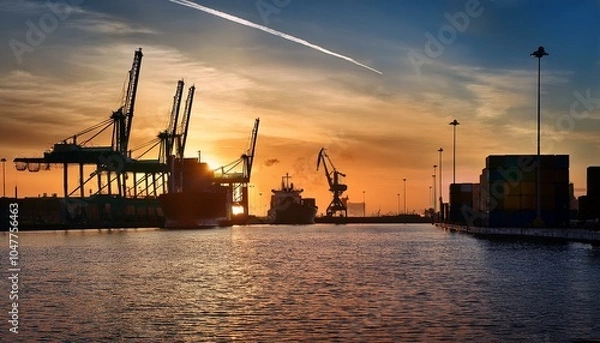 Fototapeta silhouette of shipping containers and cranes at the port of klaipeda lithuania