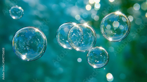 Fototapeta Shiny Soap Bubbles Floating in Turquoise Water