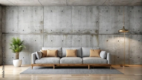 Fototapeta Symmetrical contemporary lounge with smooth concrete minimalistic style cozy couch