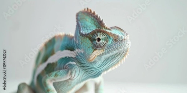 Fototapeta striking chameleon forest dragon with unique spiny crest rests gracefully against a soft white backdrop displaying vivid colors and intricate patterns characteristic of the species.