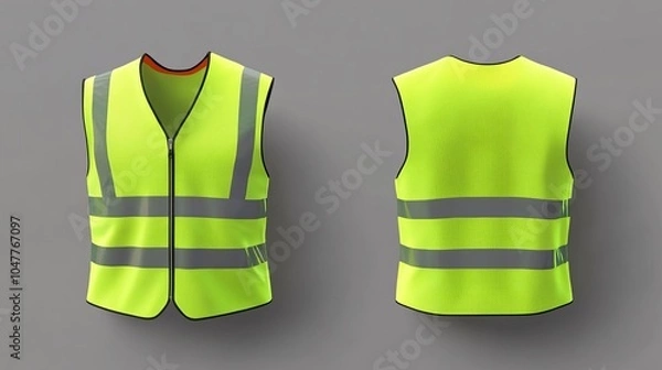 Obraz Realistic 3D vector mockup of a safety vest, with fluorescent green material, reflective stripes, and a zip. Ideal for traffic or worker uniforms
