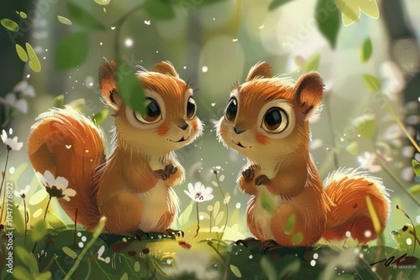 Obraz Adorable cartoon-style illustration of two baby squirrels sitting together on a log, smiling.