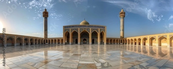 Fototapeta Beautiful panoramic view of Vakil Mosque’s interior architecture with ornate pillars and mosaic patterns.