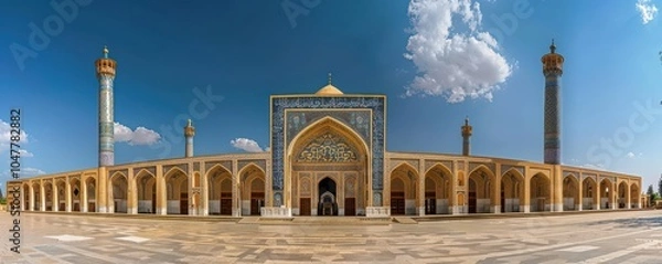 Fototapeta Beautiful panoramic view of Vakil Mosque’s interior architecture with ornate pillars and mosaic patterns.