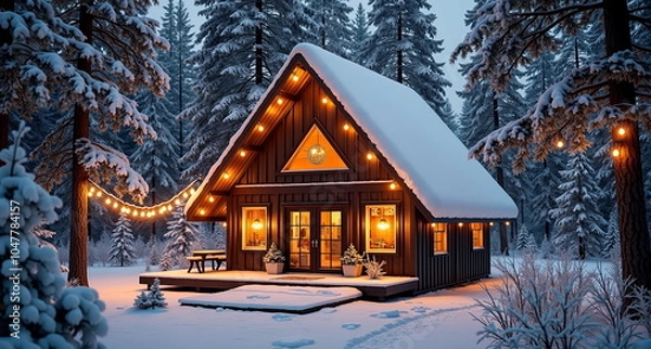 Obraz Cozy winter cabin with festive lights in snowy forest