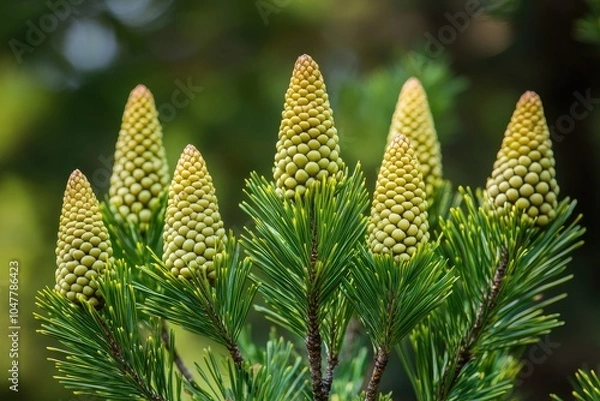 Fototapeta Close-up of pine cones on a branch. Perfect for nature, botany, or environmental themes.