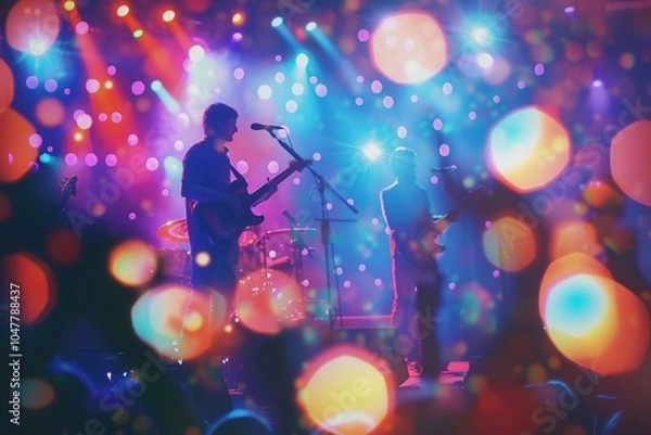 Fototapeta A lively concert featuring musicians performing on stage, enhanced by brilliant lights and an enthusiastic crowd enjoying the moment. Generative AI