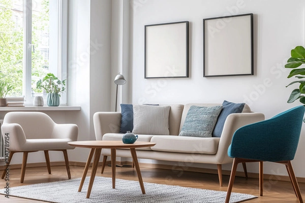 Fototapeta Large Picture Frame Mockup In Spacious Minimalist Room with Natural Light