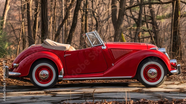 Obraz In the tranquil forest at sunset, an exquisite antique red convertible classic car harmoniously blends with the beauty of nature, creating a luxurious and nostalgic scene