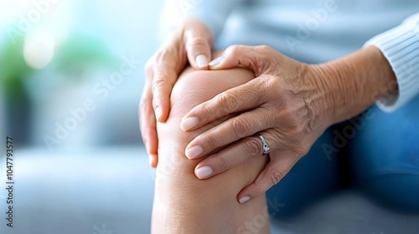 Fototapeta Close up of a woman s hand firmly gripping her knee as she experiences severe pain and discomfort due to visible inflammation likely from osteoarthritis or a previous injury