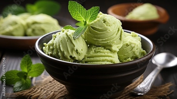 Obraz A close-up shot of a bowl of green ice cream with a sprig of mint on top. The ice cream is in a brown bowl and is sitting on a wooden table.