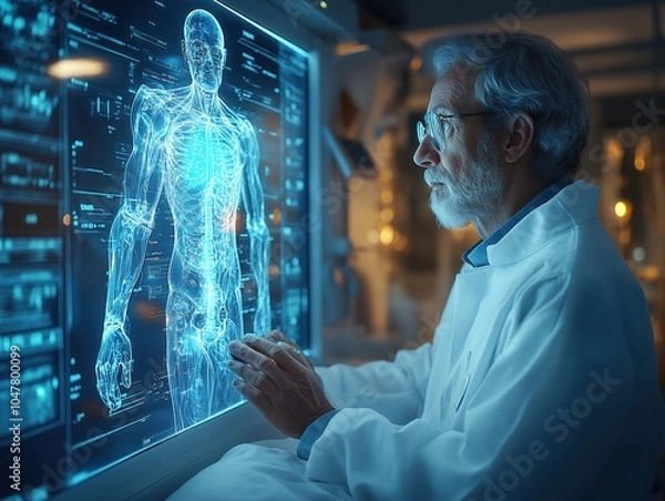 Fototapeta Doctor analyzing patient data on a holographic screen with AI-powered health diagnostics, modern hospital setting