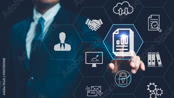 Obraz Concept Customer relationship management, CRM. businessman touch document icon on virtual screen recruitment leadership team Or joint business partners marketing strategy of organization business