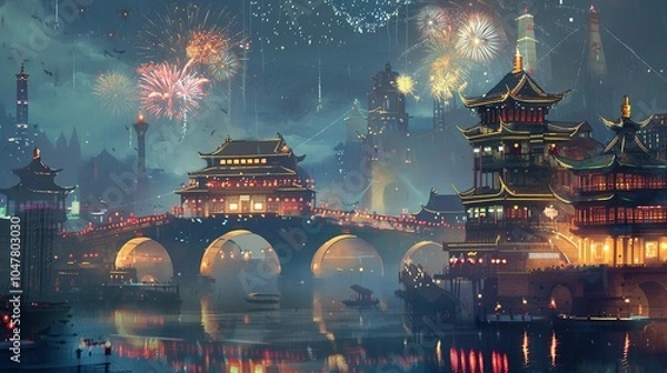 Fototapeta Nighttime cityscape with a bridge, pagodas, and fireworks