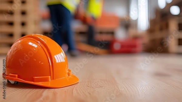 Fototapeta An orange hard hat lies on the polished floor of an active construction site, emphasizing both safety and the dynamic nature of building environments.