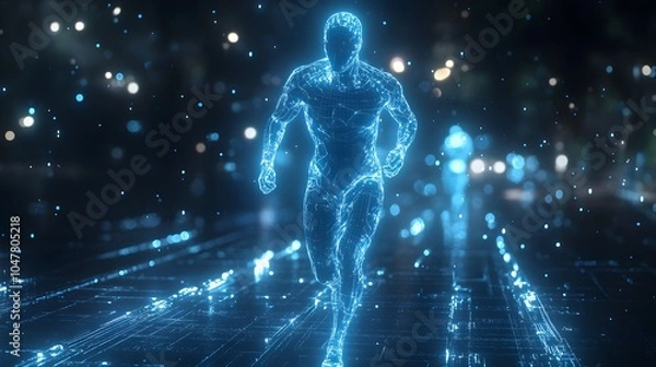 Fototapeta Athlete in holographic form, blue wireframe with glowing effects, running through a digital grid world, minimalistic, tech-heavy design, neon accents