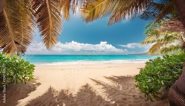 Fototapeta A tranquil sandy beach with palm trees and crystal-clear water in a tropical paradise during the daytime. Generative AI