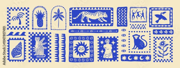 Fototapeta Retro hand drawn tropical summer shape set. Jungle nature illustration collection. Vintage exotic clip art of palm tree, tiger and flower. Geometric mosaic style element bundle.