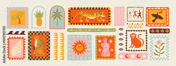 Fototapeta Retro hand drawn tropical summer shape set. Jungle nature illustration collection. Vintage exotic clip art of palm tree, tiger and flower. Geometric mosaic style element bundle.