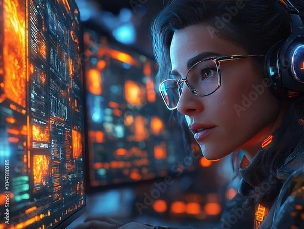 Fototapeta A team of professionals from diverse backgrounds collaborating via AI-powered virtual screens
