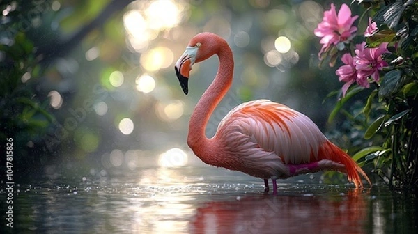 Obraz A vibrant pink flamingo stands gracefully in a serene water setting adorned with flowers.