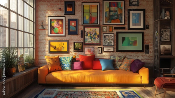 Obraz Bright loft living room with colorful gallery wall and orange sofa 
