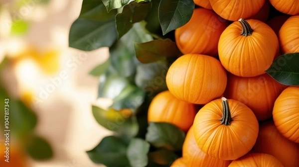Obraz A grouping of vibrant orange pumpkins nestled among lush green leaves, creating a natural, earthy setting perfect for celebrating autumn and harvest themes.